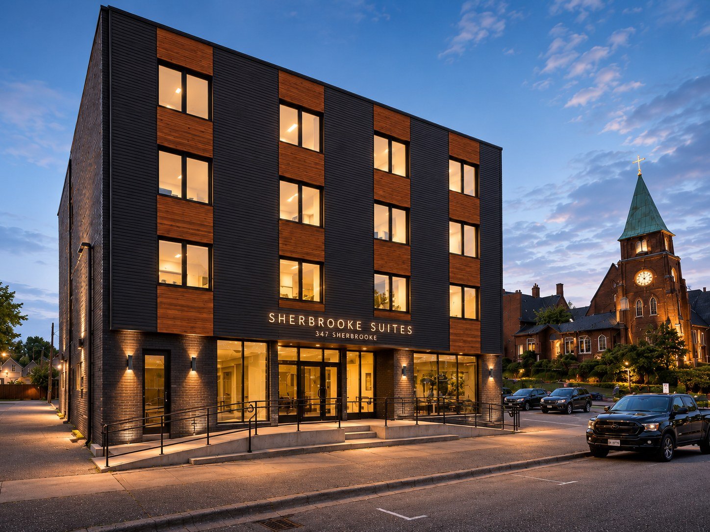 Exterior rendering of Sherbrooke Suites in North Bay